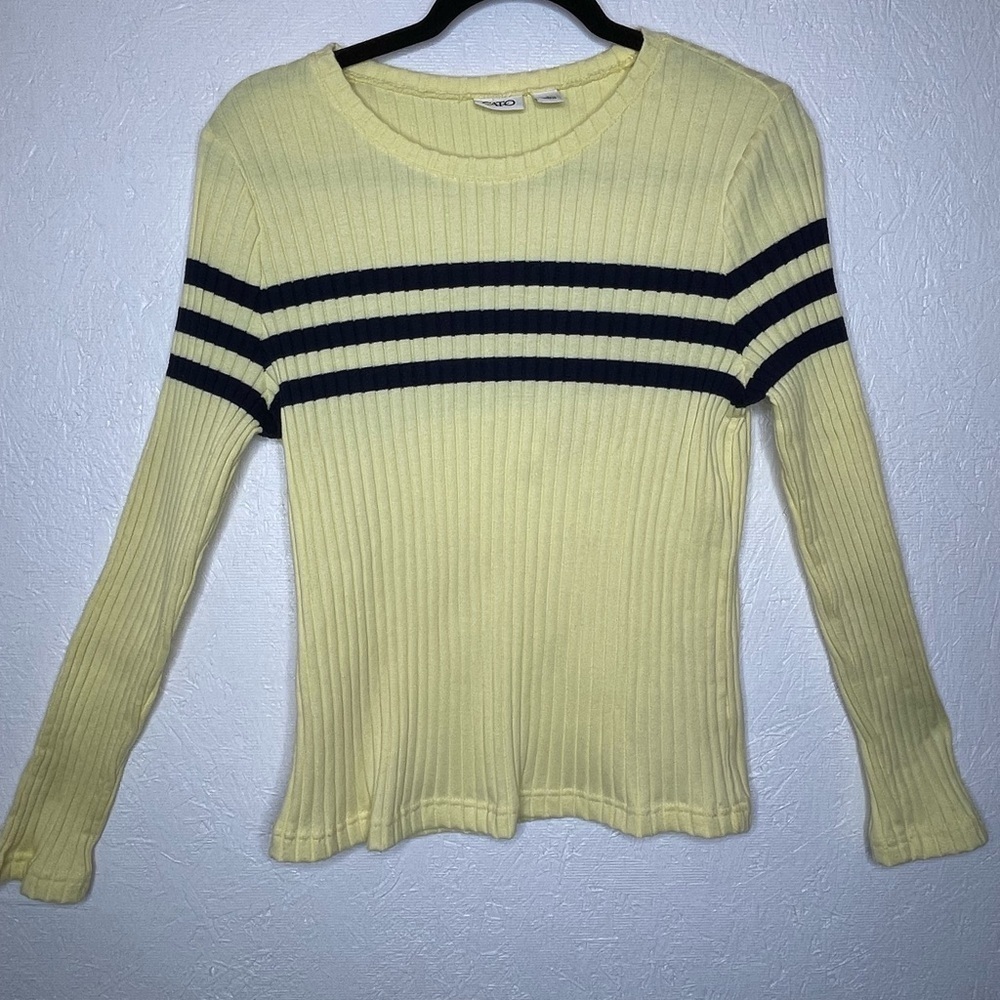 CATO WOMEN CASUAL LOUNGE STRIPED YELLOW KNIT RIBBED SHIRT PREPPY SIZE LG